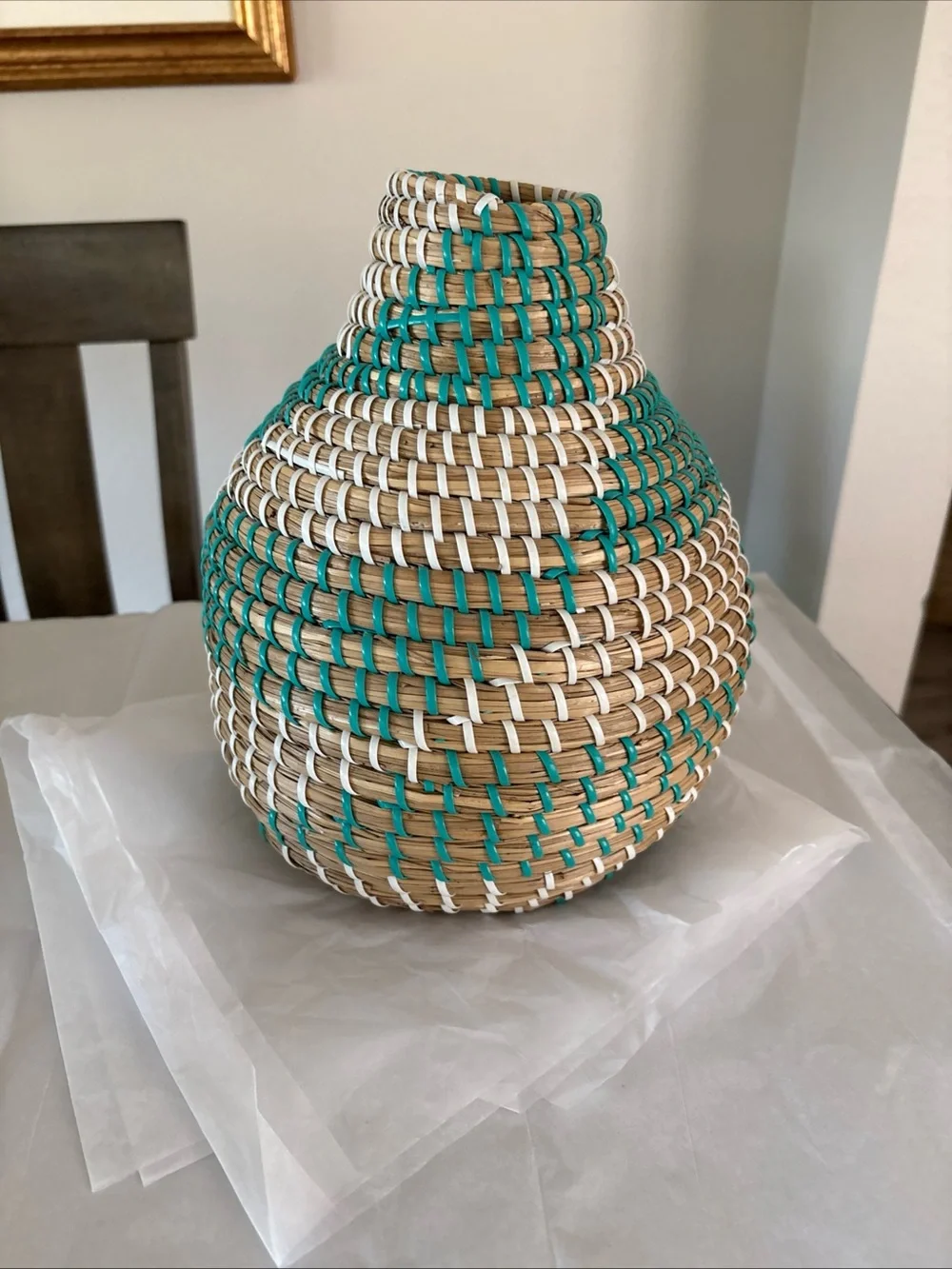 Handwoven Natural, Teal & White Decorative Basket Vase